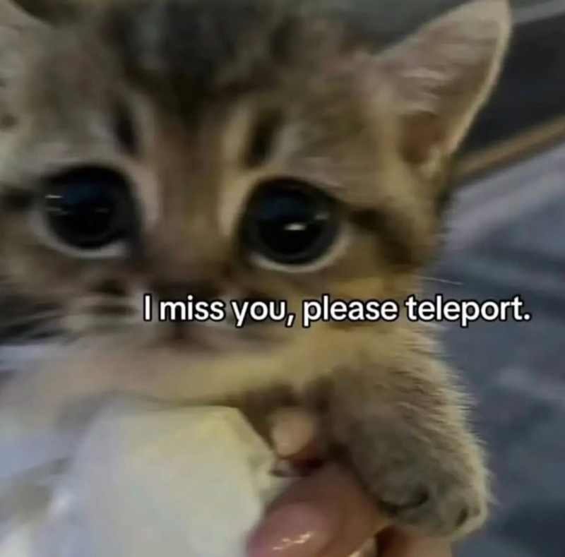 I miss you, please teleport.