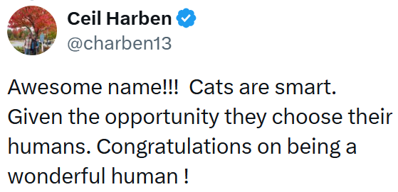 Ceil Harben @charben13 Awesome name!!! Cats are smart. Given the opportunity they choose their humans. Congratulations on being a wonderful human!