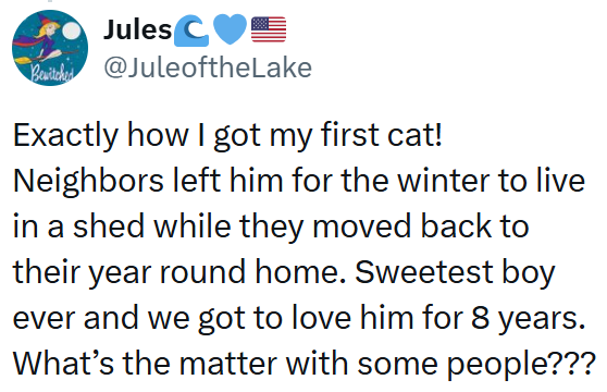 Jules C♥ Bewitch @JuleoftheLake Exactly how I got my first cat! Neighbors left him for the winter to live in a shed while they moved back to their year round home. Sweetest boy ever and we got to love him for 8 years. What's the matter with some people???