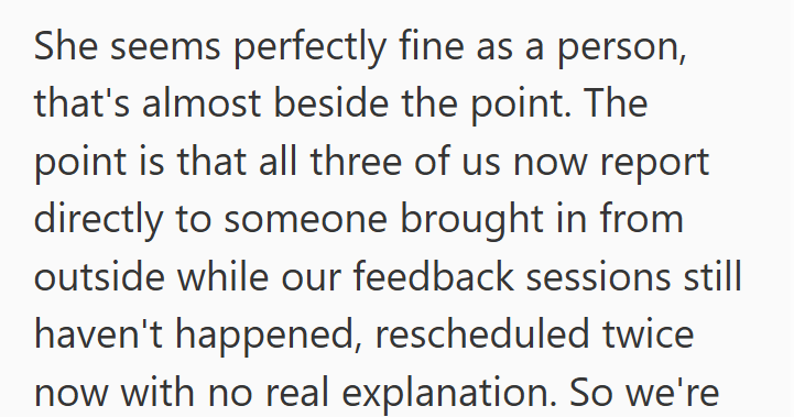 She seems perfectly fine as a person, that's almost beside the point. The point is that all three of us now report directly to someone brought in from outside while our feedback sessions still haven't happened, rescheduled twice now with no real explanation. So we're
