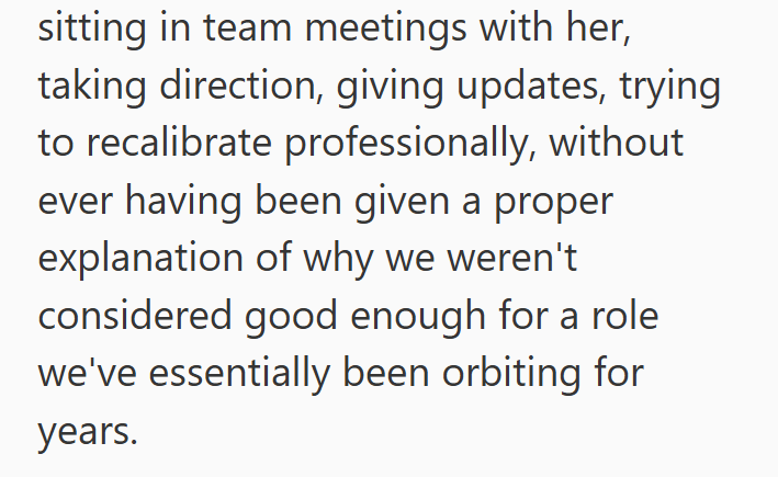 sitting in team meetings with her, taking direction, giving updates, trying to recalibrate professionally, without ever having been given a proper explanation of why we weren't considered good enough for a role we've essentially been orbiting for years.