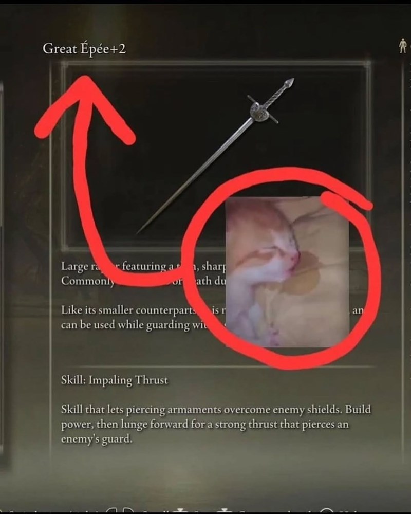 Great Épée+2 Large ra featuring a, sharp Commonly of ath du Like its smaller counterparts is r an can be used while guarding wit Skill: Impaling Thrust Skill that lets piercing armaments overcome enemy shields. Build power, then lunge forward for a strong thrust that pierces an enemy's guard.