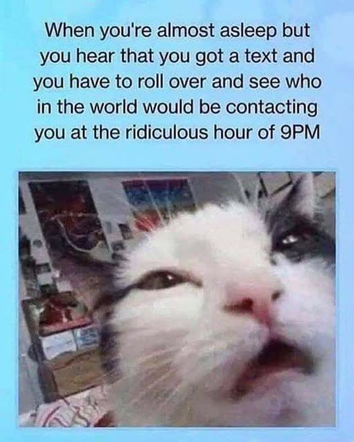 When you're almost asleep but you hear that you got a text and you have to roll over and see who in the world would be contacting you at the ridiculous hour of 9PM