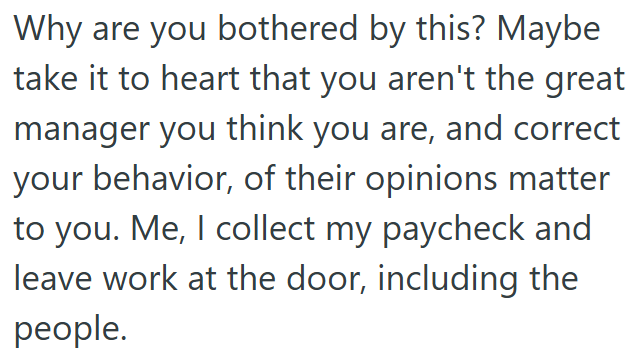 Why are you bothered by this? Maybe take it to heart that you aren't the great manager you think you are, and correct your behavior, of their opinions matter to you. Me, I collect my paycheck and leave work at the door, including the people.