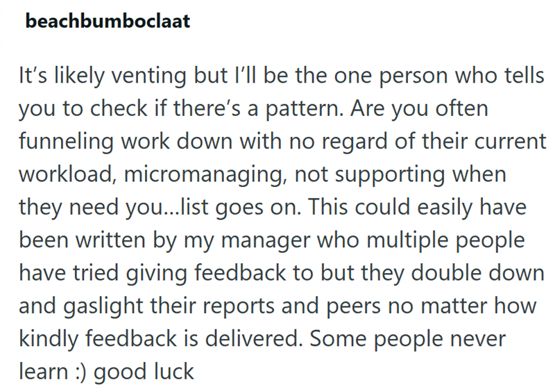 beachbumboclaat It's likely venting but I'll be the one person who tells you to check if there's a pattern. Are you often funneling work down with no regard of their current workload, micromanaging, not supporting when they need you...list goes on. This could easily have been written by my manager who multiple people have tried giving feedback to but they double down and gaslight their reports and peers no matter how kindly feedback is delivered. Some people never learn :) good luck