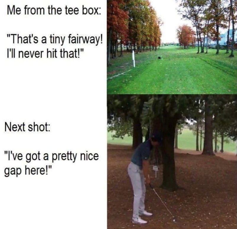 Me from the tee box: "That's a tiny fairway! I'll never hit that!" Next shot: "I've got a pretty nice gap here!"