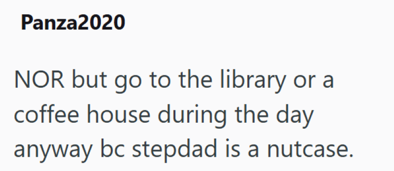 Panza2020 NOR but go to the library or a coffee house during the day anyway bc stepdad is a nutcase.