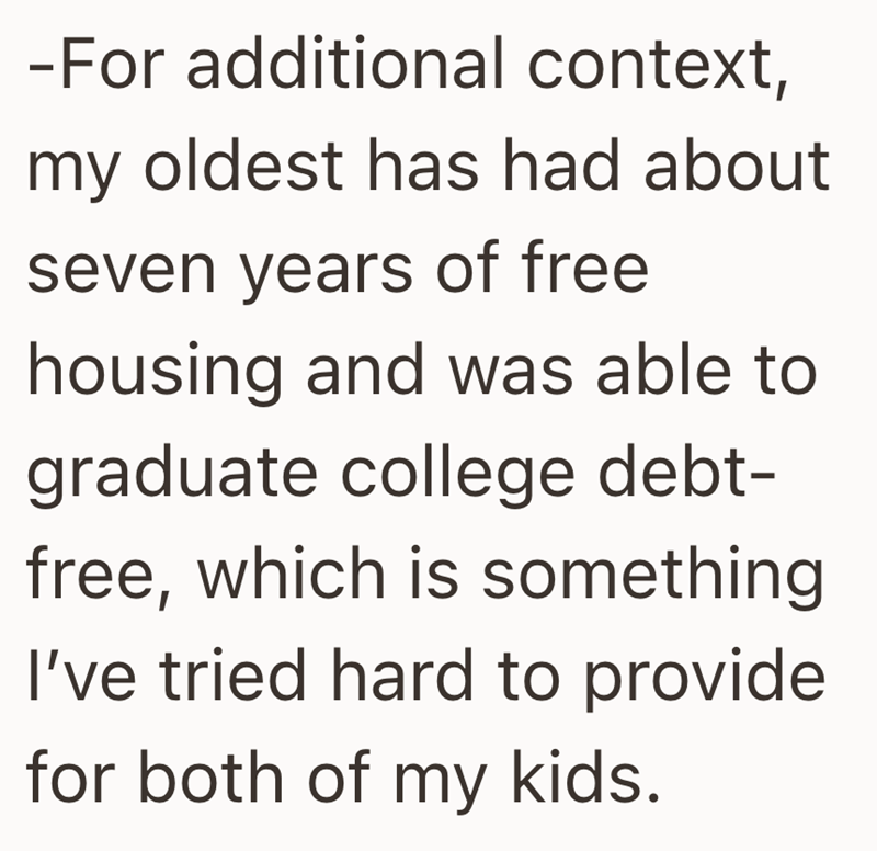 -For additional context, my oldest has had about seven years of free housing and was able to graduate college debt- free, which is something I've tried hard to provide for both of my kids.