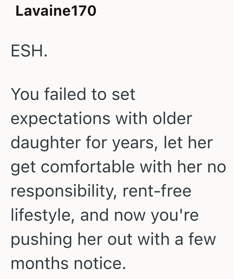 Lavaine170 ESH. You failed to set expectations with older daughter for years, let her get comfortable with her no responsibility, rent-free lifestyle, and now you're pushing her out with a few months notice.