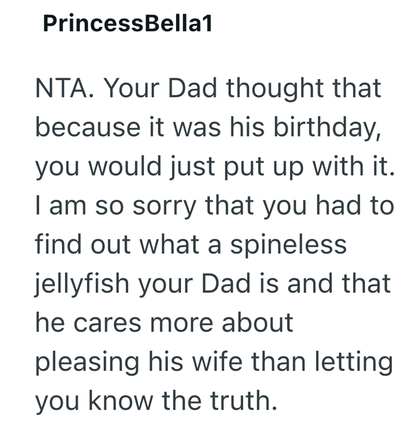 PrincessBella1 NTA. Your Dad thought that because it was his birthday, you would just put up with it. I am so sorry that you had to find out what a spineless jellyfish your Dad is and that he cares more about pleasing his wife than letting you know the truth.