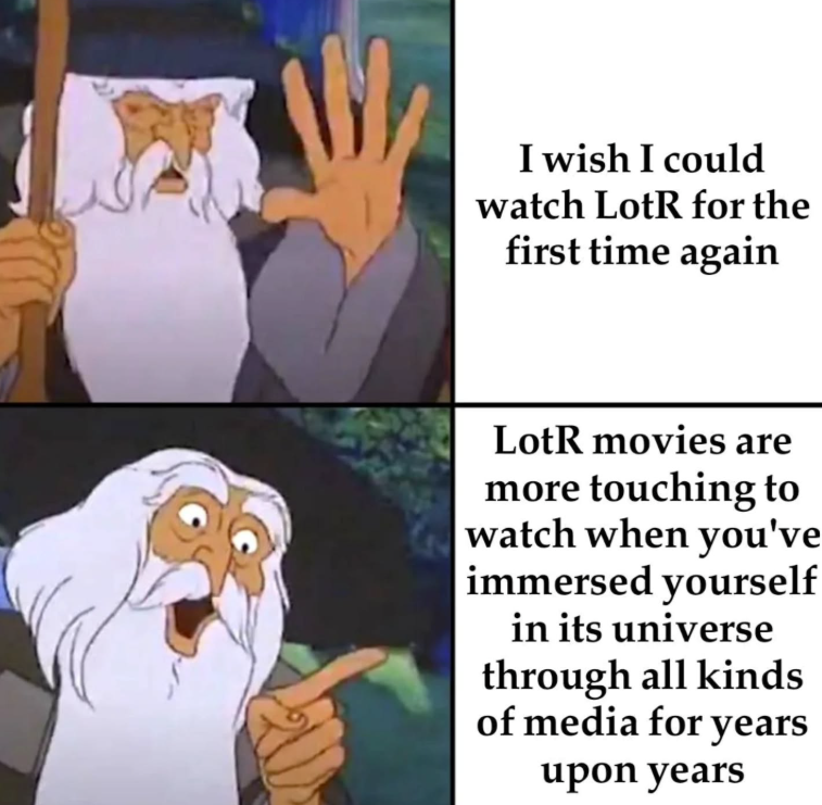 I wish I could watch LotR for the first time again LotR movies are more touching to watch when you've immersed yourself in its universe through all kinds of media for years upon years