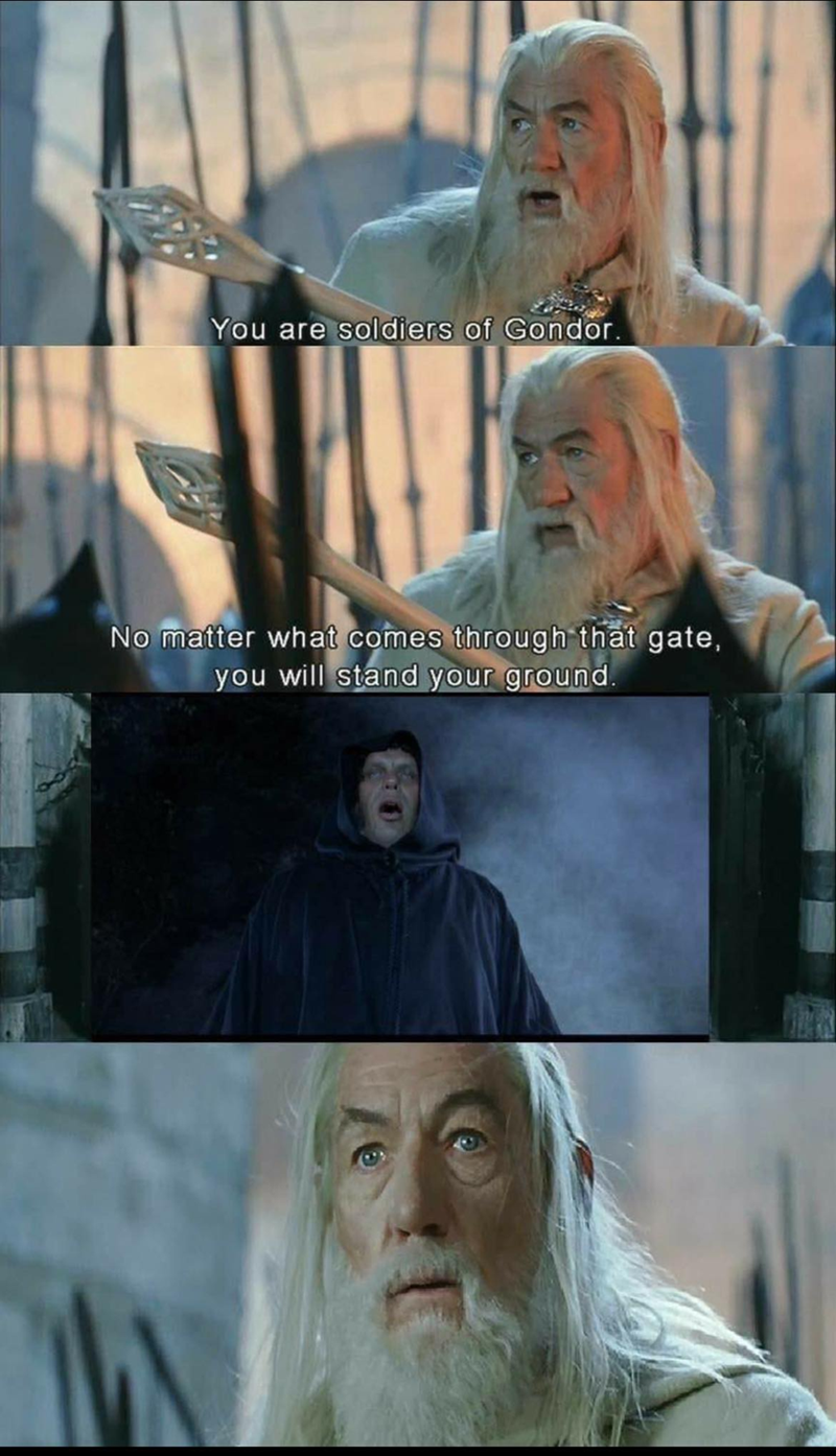 You are soldiers of Gondor. No matter what comes through that gate, you will stand your ground.