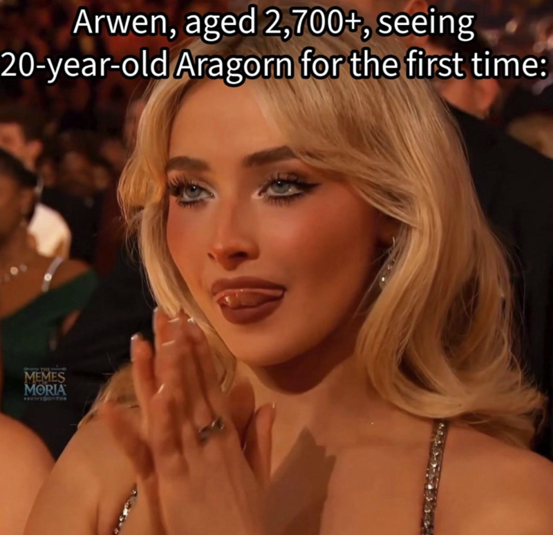 Arwen, aged 2,700+, seeing 20-year-old Aragorn for the first time: THE MEMES MORIA +0300