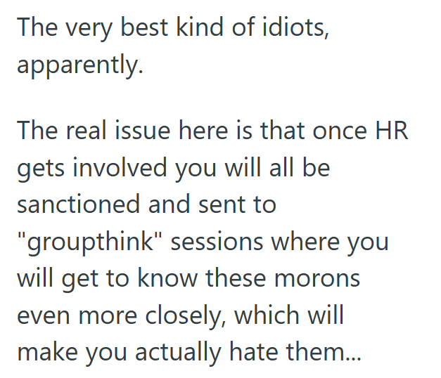 The very best kind of idiots, apparently. The real issue here is that once HR gets involved you will all be sanctioned and sent to "groupthink" sessions where you will get to know these morons even more closely, which will make you actually hate them...