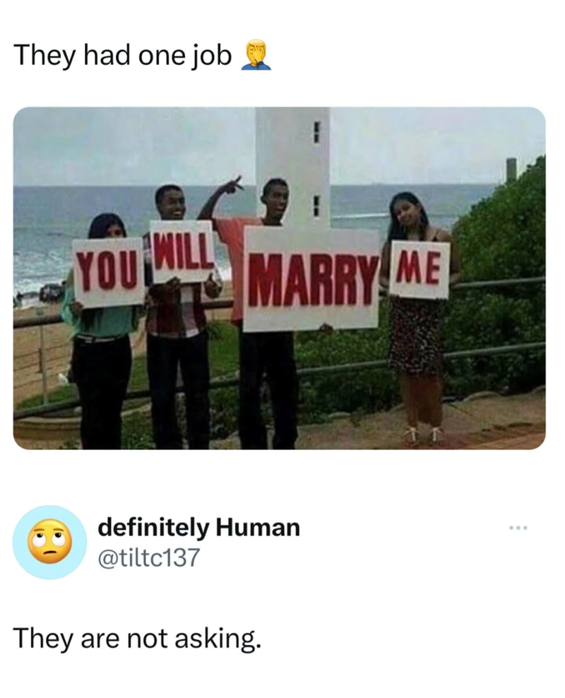 They had one job YOU WILL MARRY ME definitely Human @tiltc137 They are not asking.