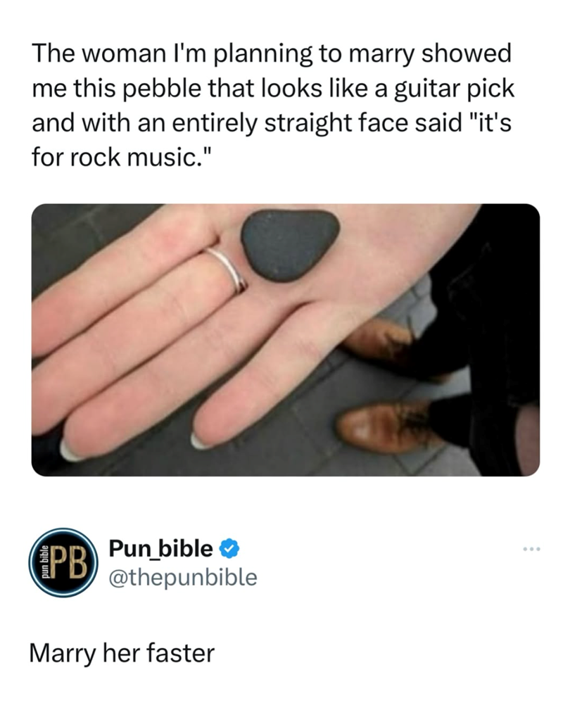 The woman I'm planning to marry showed me this pebble that looks like a guitar pick and with an entirely straight face said "it's for rock music." PB Pun bible @thepunbible Marry her faster