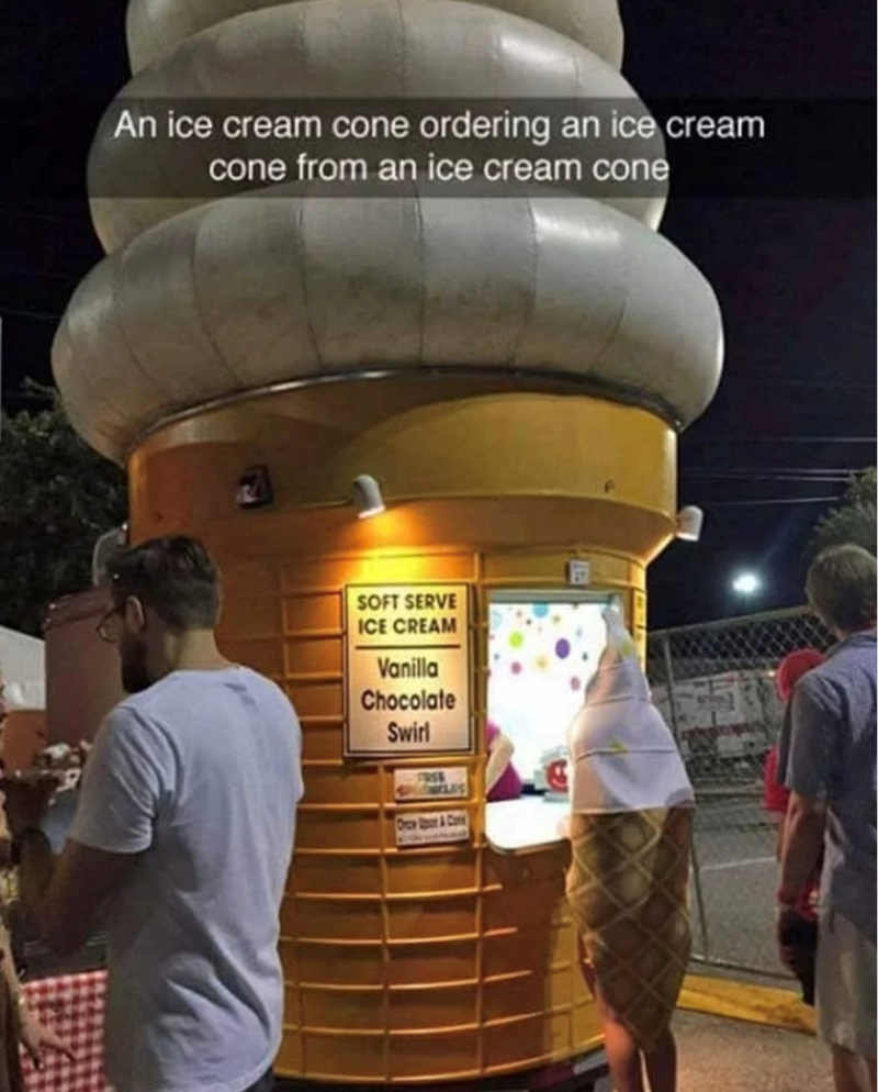 An ice cream cone ordering an ice cream cone from an ice cream cone SOFT SERVE ICE CREAM Vanilla Chocolate Swirl Orce Aoun & Care