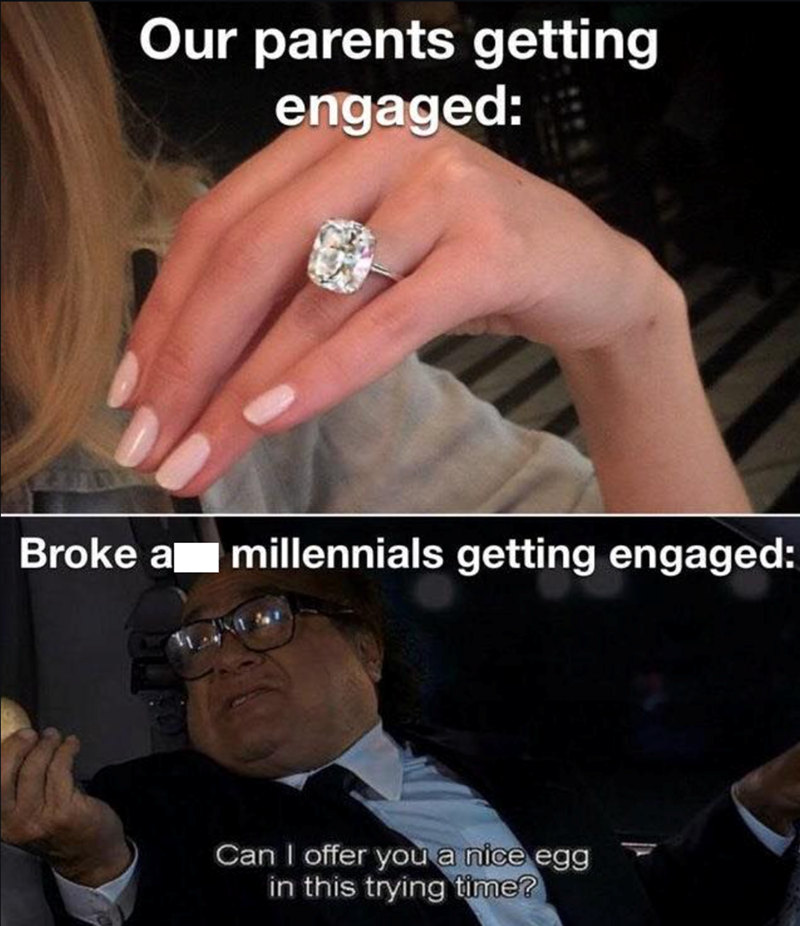 Our parents getting engaged: Broke a millennials getting engaged: Can I offer you a nice egg in this trying time?