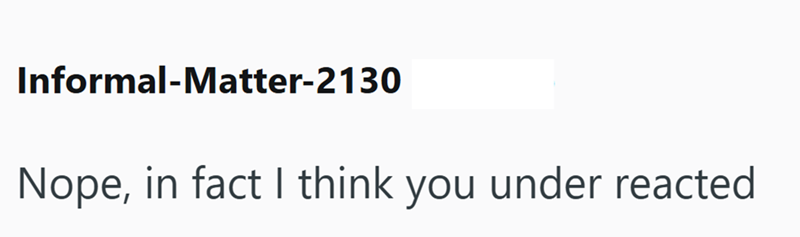 Informal-Matter-2130 Nope, in fact I think you under reacted