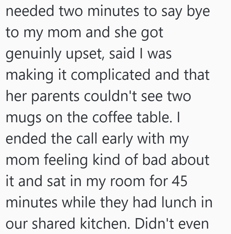 needed two minutes to say bye to my mom and she got genuinly upset, said I was making it complicated and that her parents couldn't see two mugs on the coffee table. I ended the call early with my mom feeling kind of bad about it and sat in my room for 45 minutes while they had lunch in our shared kitchen. Didn't even