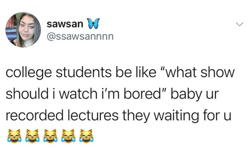 sawsan W @ssawsannnn college students be like "what show should i watch i'm bored" baby ur recorded lectures they waiting for u