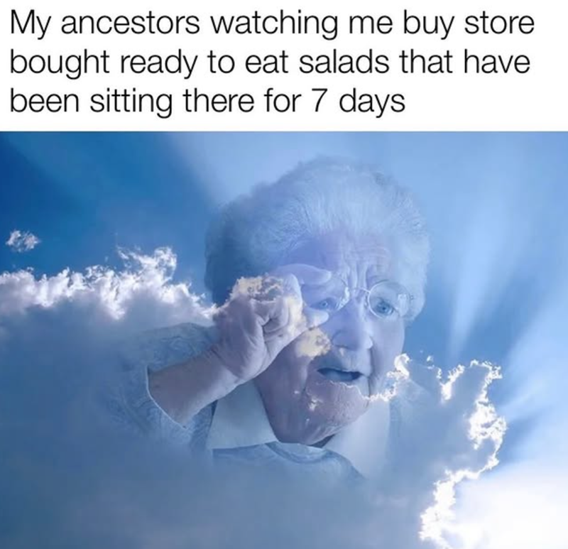 My ancestors watching me buy store bought ready to eat salads that have been sitting there for 7 days.