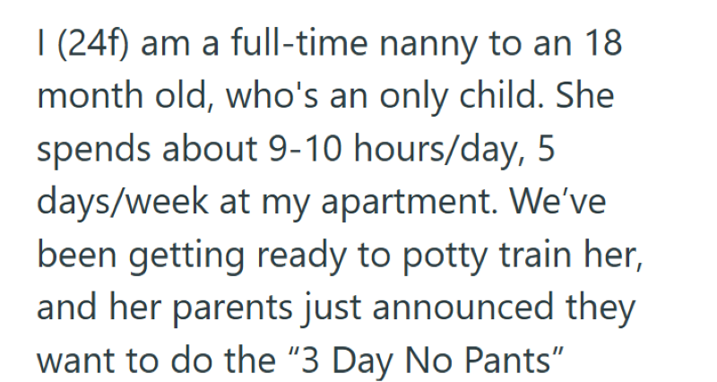I (24f) am a full-time nanny to an 18 month old, who's an only child. She spends about 9-10 hours/day, 5 days/week at my apartment. We've been getting ready to potty train her, and her parents just announced they want to do the "3 Day No Pants"