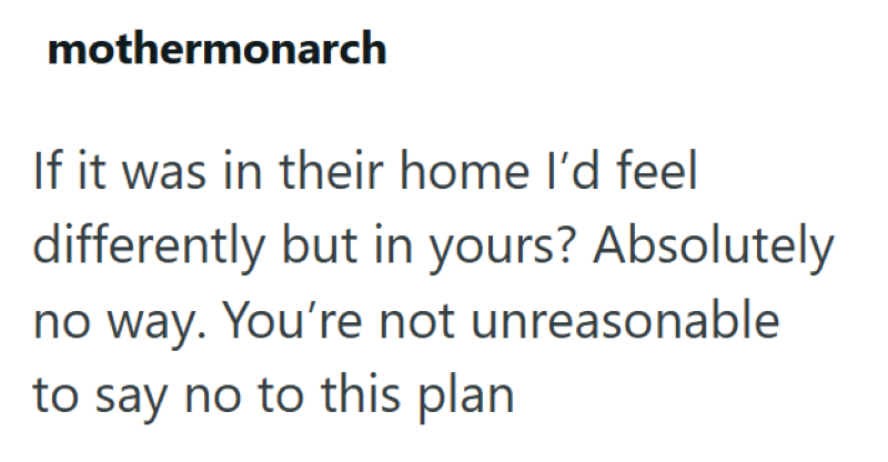 mothermonarch If it was in their home I'd feel differently but in yours? Absolutely no way. You're not unreasonable to say no to this plan