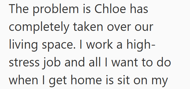 The problem is Chloe has completely taken over our living space. I work a high- stress job and all I want to do when I get home is sit on my