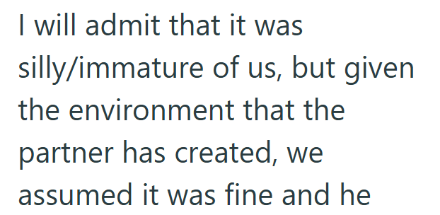 I will admit that it was silly/immature of us, but given the environment that the partner has created, we assumed it was fine and he