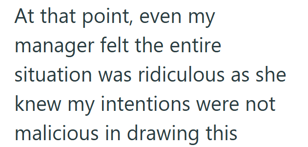 At that point, even my manager felt the entire situation was ridiculous as she knew my intentions were not malicious in drawing this