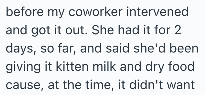 before my coworker intervened and got it out. She had it for 2 days, so far, and said she'd been giving it kitten milk and dry food cause, at the time, it didn't want
