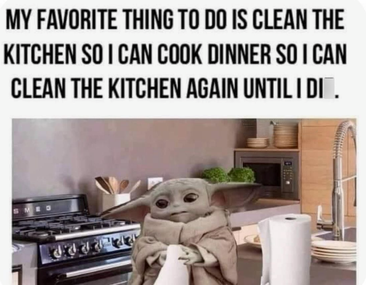 MY FAVORITE THING TO DO IS CLEAN THE KITCHEN SO I CAN COOK DINNER SO I CAN CLEAN THE KITCHEN AGAIN UNTIL I DI . સોસાય