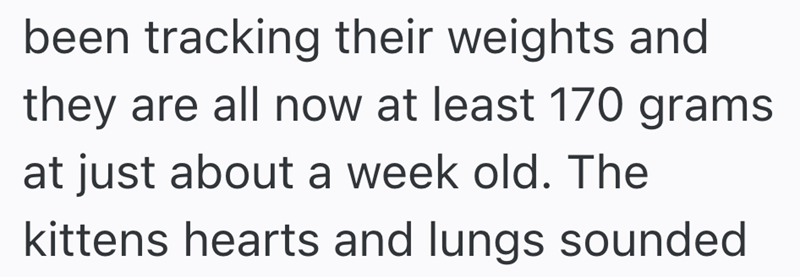 been tracking their weights and they are all now at least 170 grams at just about a week old. The kittens hearts and lungs sounded