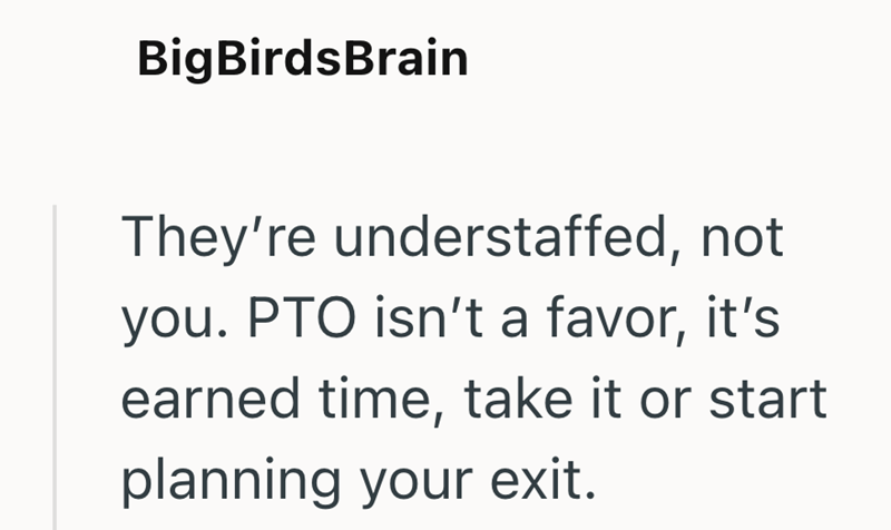 BigBirdsBrain They're understaffed, not you. PTO isn't a favor, it's earned time, take it or start planning your exit.