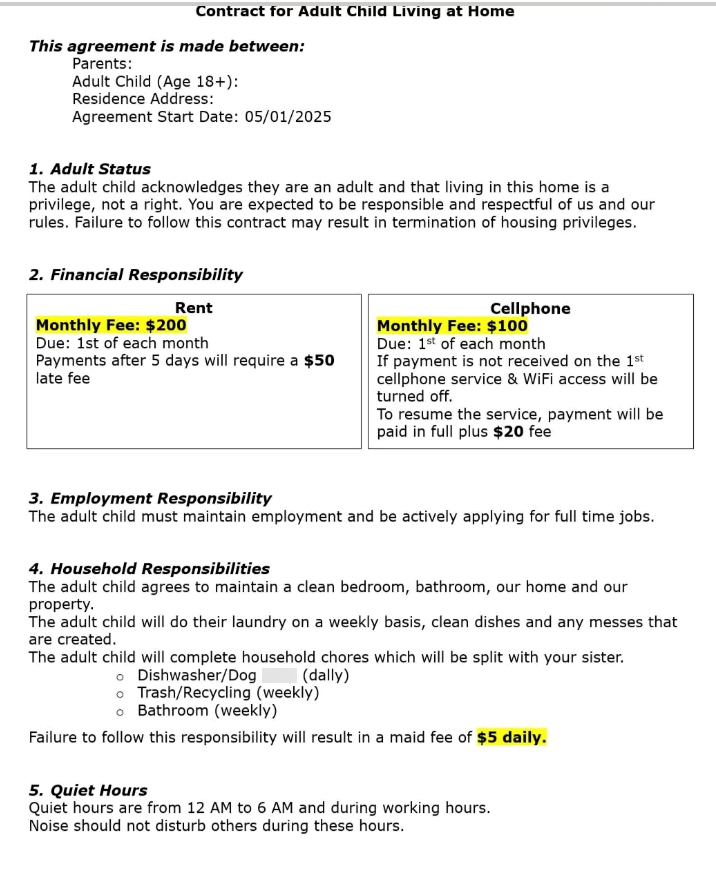 Contract for Adult Child Living at Home This agreement is made between: Parents: Adult Child (Age 18+): Residence Address: Agreement Start Date: 05/01/2025 1. Adult Status The adult child acknowledges they are an adult and that living in this home is a privilege, not a right. You are expected to be responsible and respectful of us and our rules. Failure to follow this contract may result in termination of housing privileges. 2. Financial Responsibility Rent Monthly Fee: $200 Due: 1st of each mon