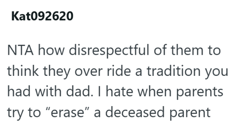 Kat092620 NTA how disrespectful of them to think they over ride a tradition you had with dad. I hate when parents try to "erase" a deceased parent