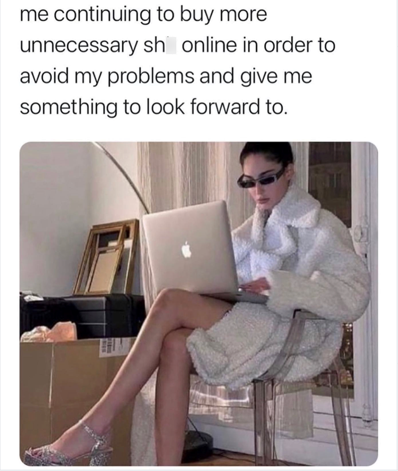 me continuing to buy more unnecessary sh online in order to avoid my problems and give me something to look forward to.