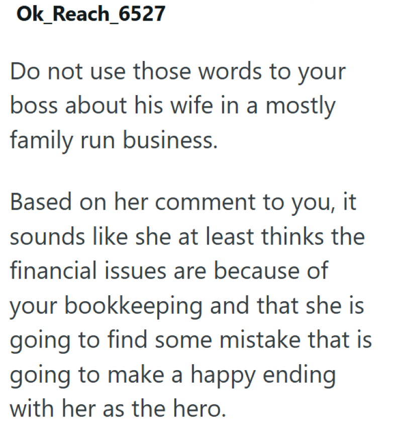 Ok_Reach_6527 Do not use those words to your boss about his wife in a mostly family run business. Based on her comment to you, it sounds like she at least thinks the financial issues are because of your bookkeeping and that she is going to find some mistake that is going to make a happy ending with her as the hero.