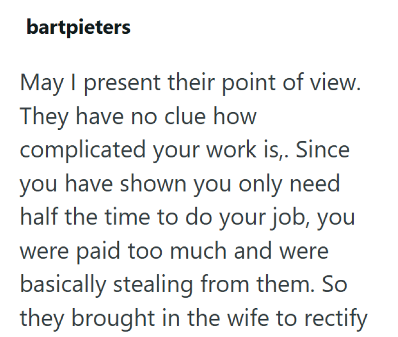 bartpieters May I present their point of view. They have no clue how complicated your work is,. Since you have shown you only need half the time to do your job, you were paid too much and were basically stealing from them. So they brought in the wife to rectify