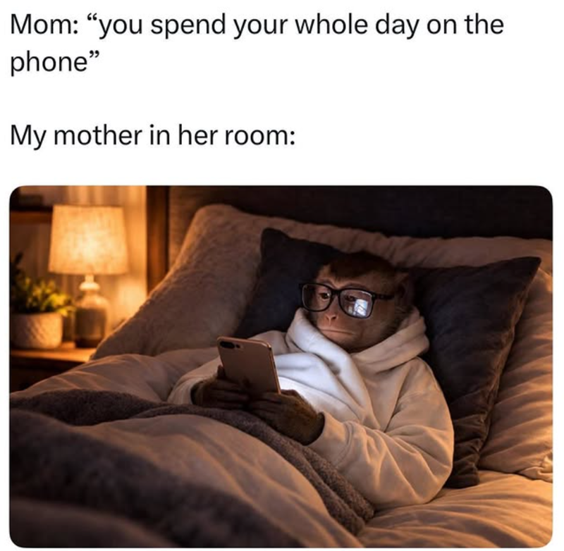 Mom: "you spend your whole day on the phone" My mother in her room: