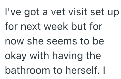 I've got a vet visit set up for next week but for now she seems to be okay with having the bathroom to herself. I