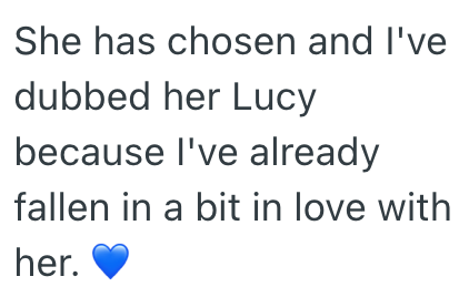 She has chosen and I've dubbed her Lucy because I've already fallen in a bit in love with her.