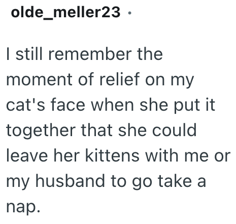 olde_meller23. I still remember the moment of relief on my cat's face when she put it together that she could leave her kittens with me or my husband to go take a nap.