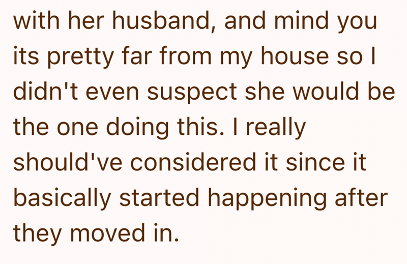 with her husband, and mind you its pretty far from my house so I didn't even suspect she would be the one doing this. I really should've considered it since it basically started happening after they moved in.