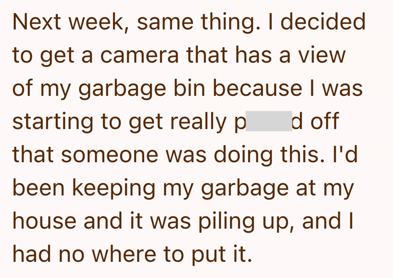 Next week, same thing. I decided to get a camera that has a view of my garbage bin because I was starting to get really pl d off that someone was doing this. I'd been keeping my garbage at my house and it was piling up, and I had no where to put it.