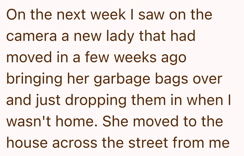 On the next week I saw on the camera a new lady that had moved in a few weeks ago bringing her garbage bags over and just dropping them in when I wasn't home. She moved to the house across the street from me