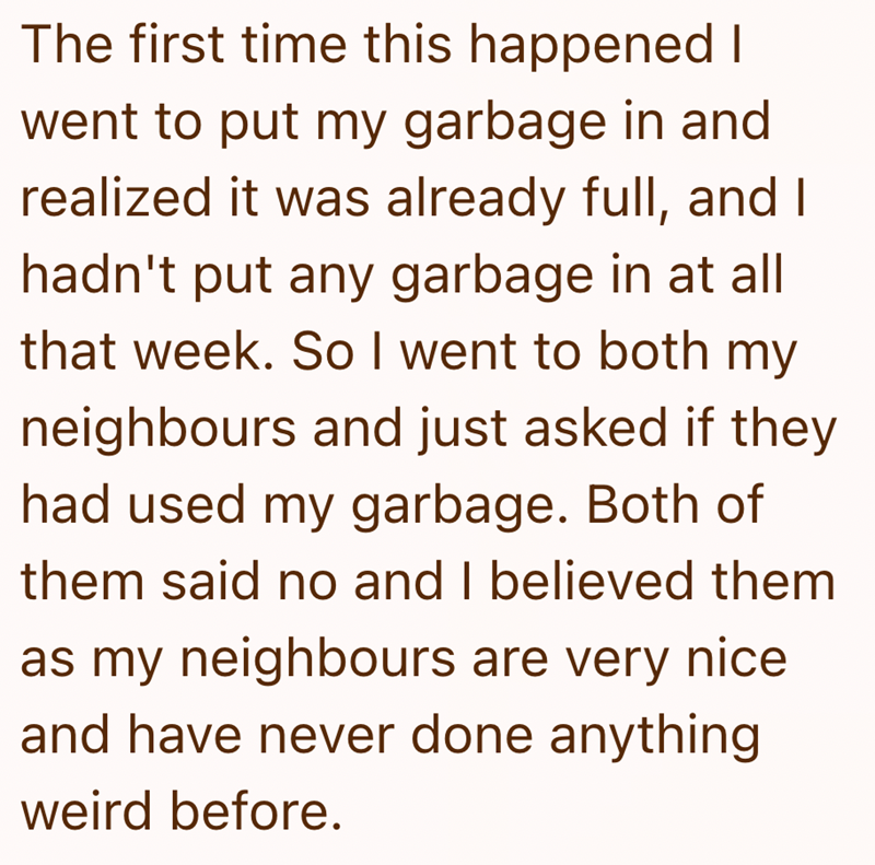 The first time this happened I went to put my garbage in and realized it was already full, and I hadn't put any garbage in at all that week. So I went to both my neighbours and just asked if they had used my garbage. Both of them said no and I believed them as my neighbours are very nice and have never done anything weird before.