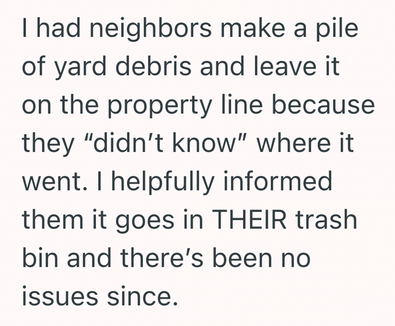 I had neighbors make a pile of yard debris and leave it on the property line because they "didn't know" where it went. I helpfully informed them it goes in THEIR trash bin and there's been no issues since.