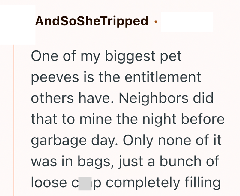 AndSoSheTripped One of my biggest pet peeves is the entitlement others have. Neighbors did that to mine the night before garbage day. Only none of it was in bags, just a bunch of loose cap completely filling